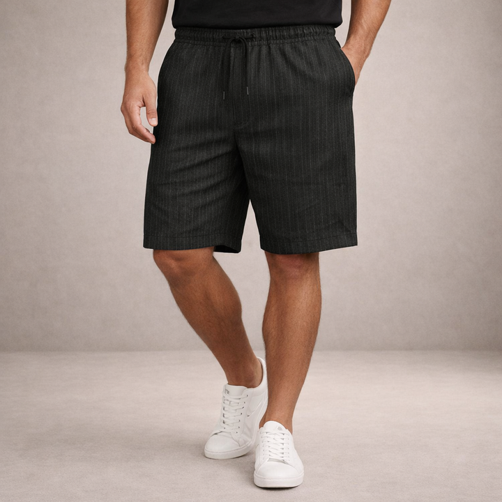 Men's Brandon black pinstripe linen drawstring summer shorts with side pockets, above-knee length.