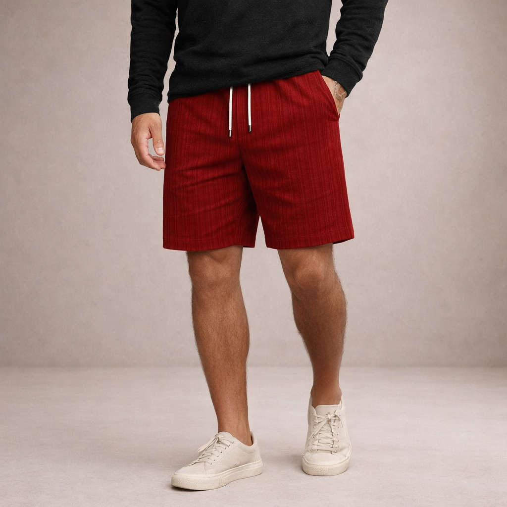 Men's Brandon red textured linen drawstring summer shorts with side pockets, worn with a black shirt and white sneakers.
