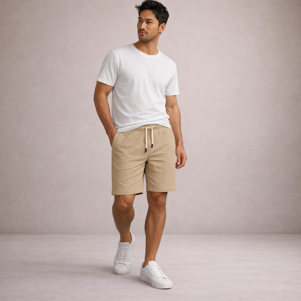Man wearing Brandon men's tan drawstring linen summer shorts with a white tee and sneakers.