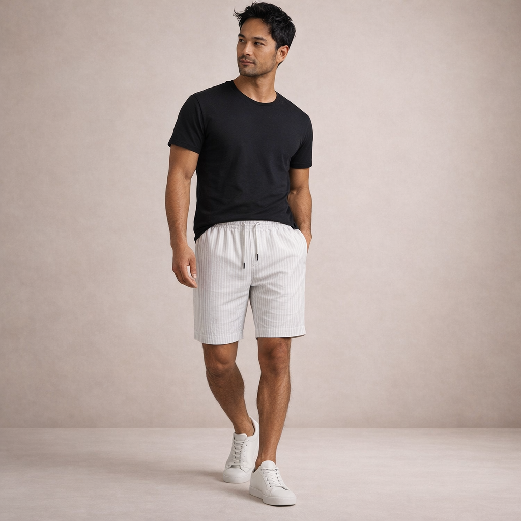 Man wearing Brandon men's light grey striped linen drawstring shorts with a black tee and white sneakers.