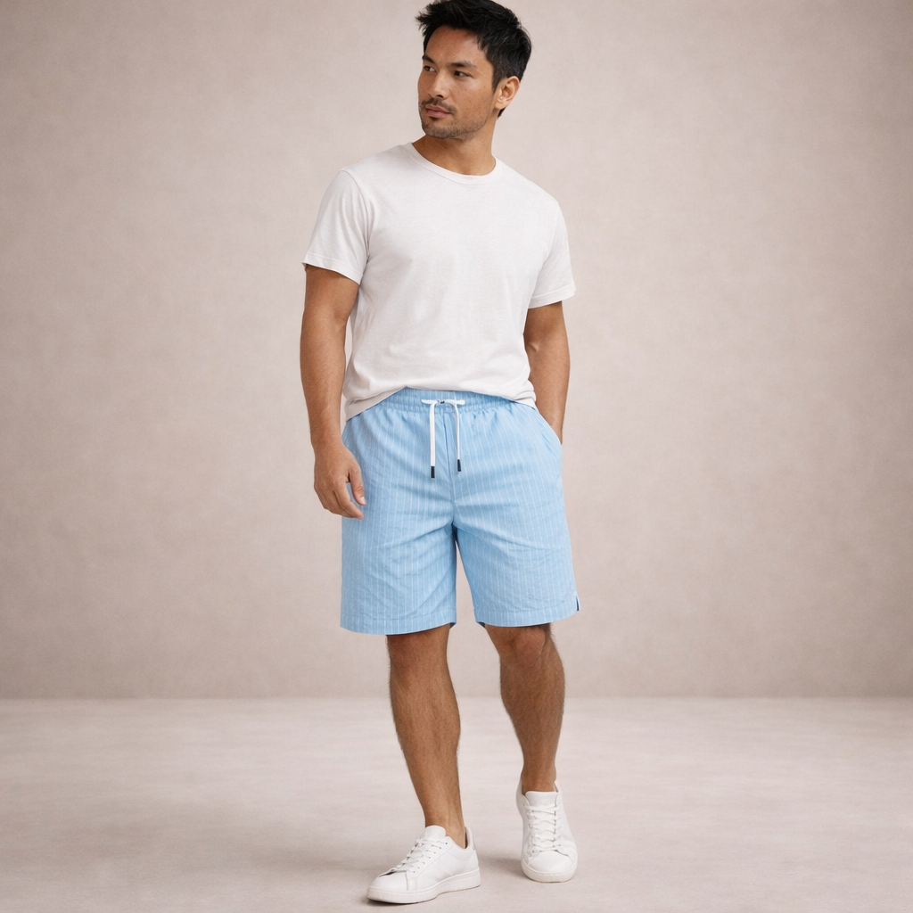 Man in light blue striped linen drawstring shorts, white tee, and sneakers.