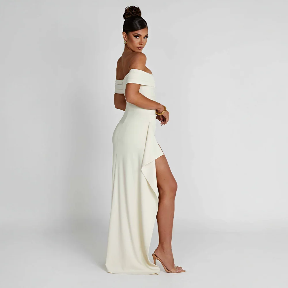 Women's Bria off-shoulder black maxi dress with a high slit.