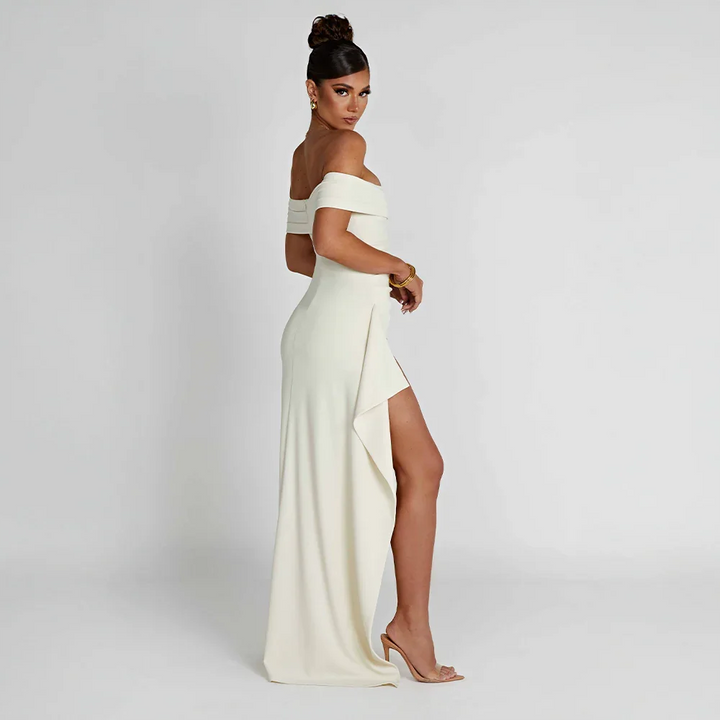Women's Bria off-shoulder black maxi dress with a high slit.