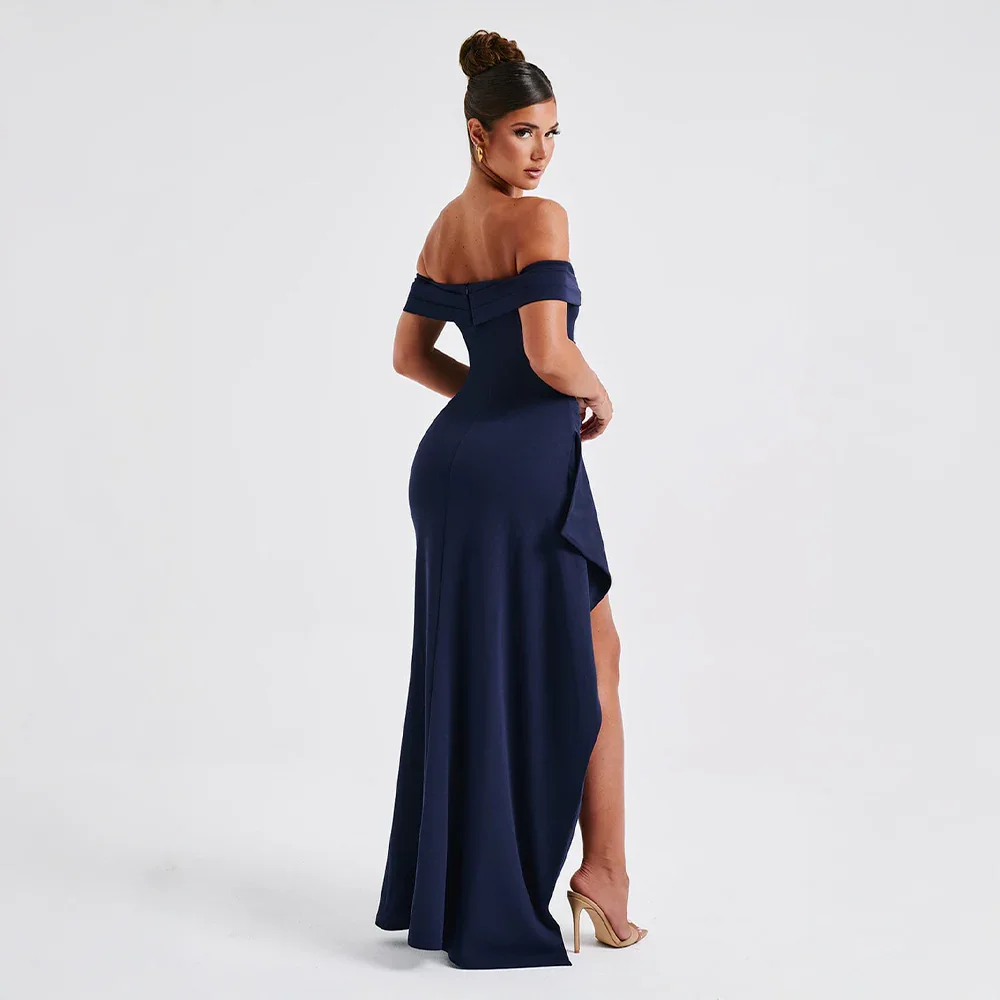 Women's Bria off-shoulder black maxi dress with a high slit.