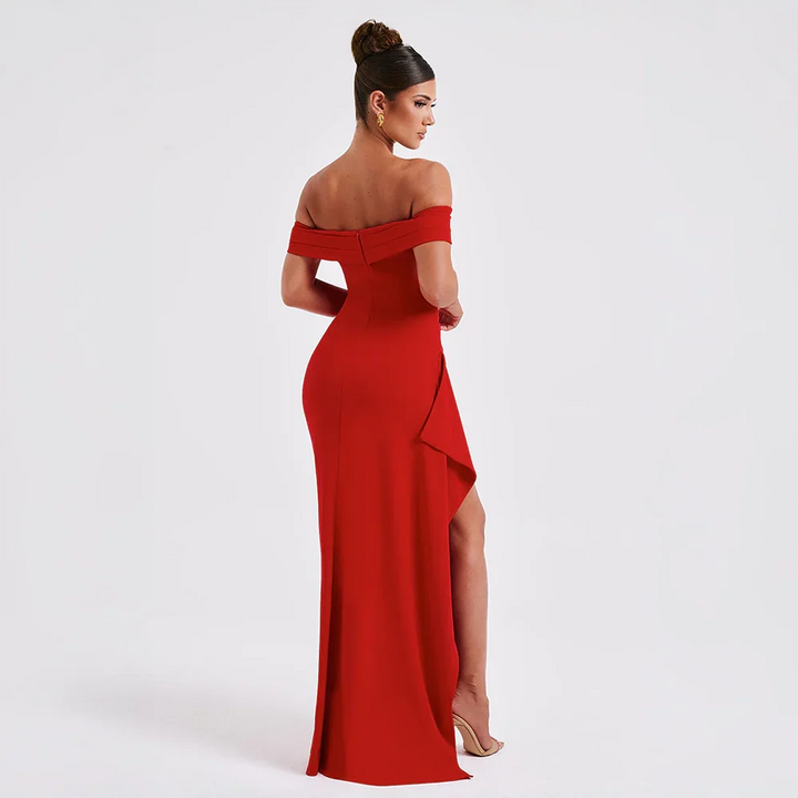 Women's Bria off-shoulder maxi dress in black with a high slit, flowing fabric.