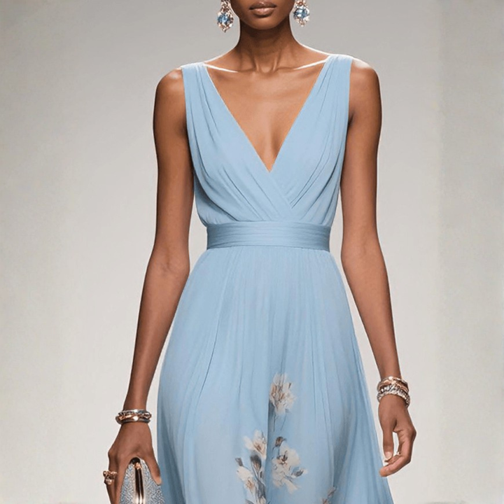 Women's light blue floral V-neck sleeveless maxi dress with a flowing skirt and delicate jewelry.