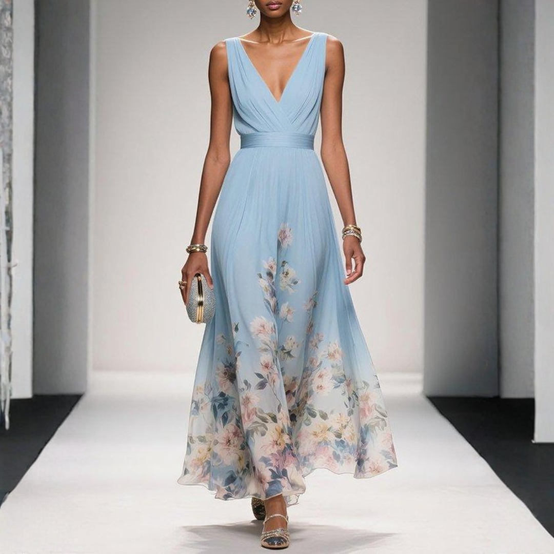 Women's Britta light blue floral V-neck sleeveless maxi dress with a flowing skirt.