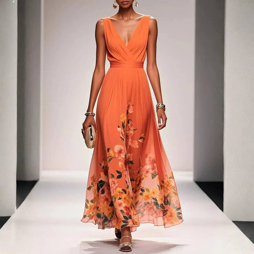 Britta women's orange floral V-neck sleeveless maxi dress with flowing skirt, worn on a runway.