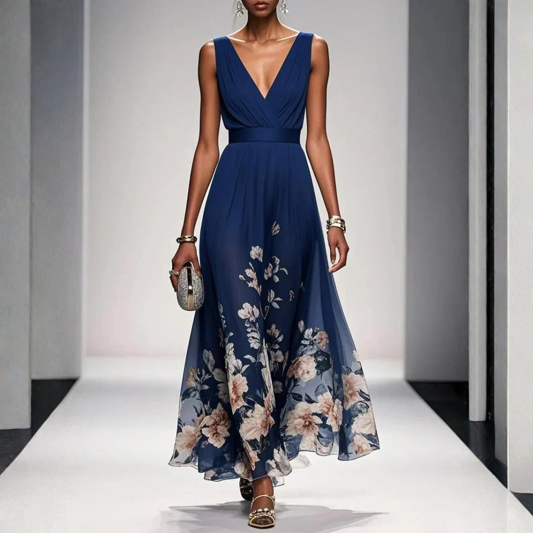 Women's navy floral V-neck maxi dress with sleeveless design and flowing skirt.