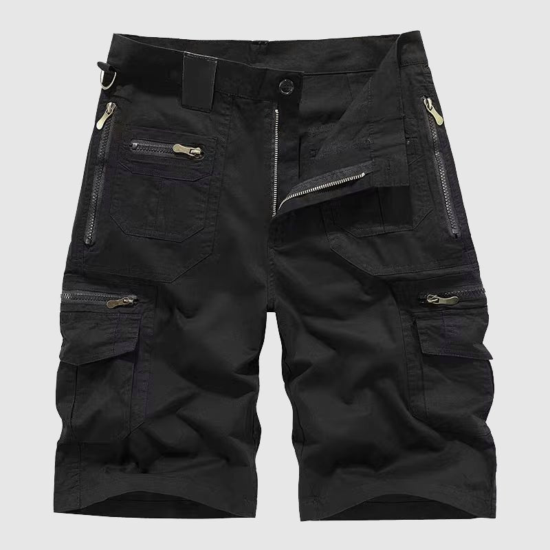 Men's black multi-pocket cargo shorts with side pockets, zip fly, and button closure for practical everyday wear.