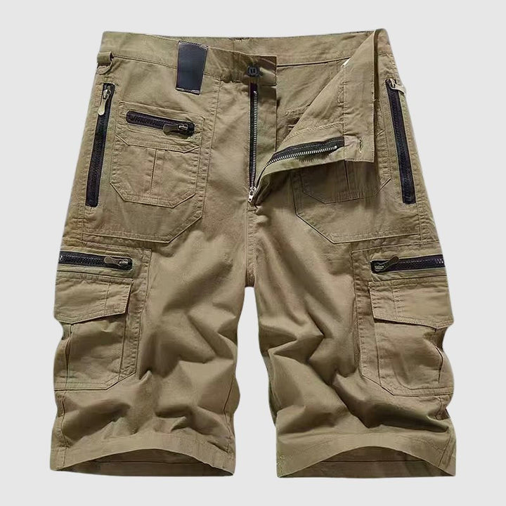 Caleb men's multi-pocket khaki cargo shorts with zip fly, button closure, and side utility pockets.