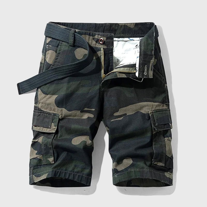 Men's Carter camo belted cargo shorts with side pockets, zip fly, and button closure for a utility-inspired look.