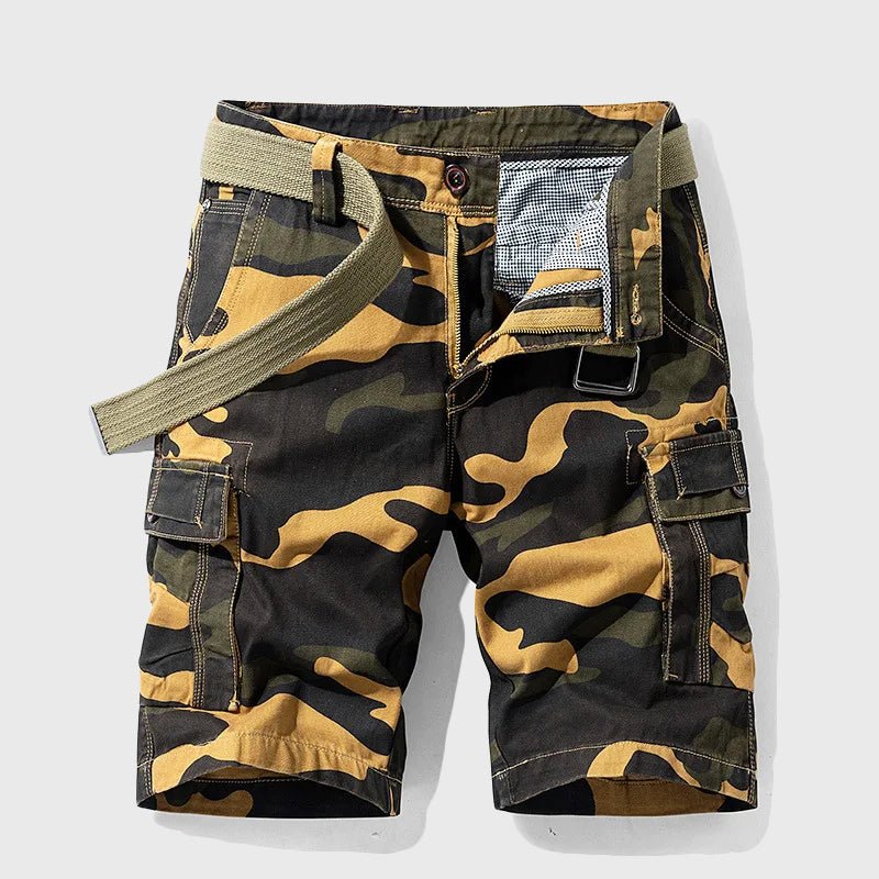 Men's Carter camo belted cargo shorts with side pockets, zip fly, and button closure for a utility-inspired look.