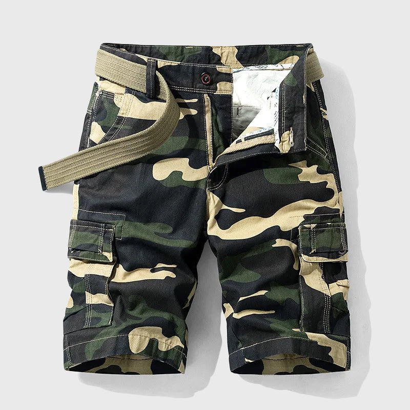 Men's Carter camo belted cargo shorts with side pockets and zip fly, ready for your next adventure.