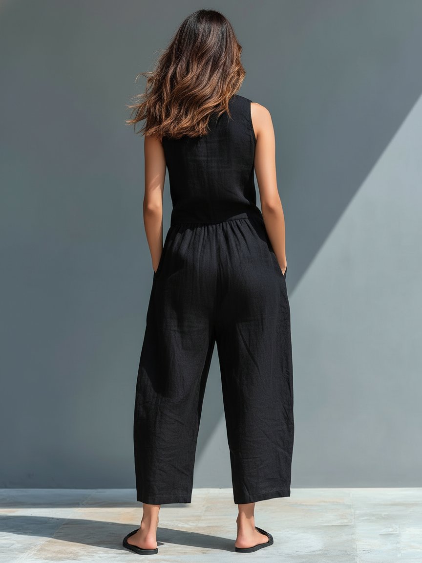 Woman from behind wearing a black linen blend sleeveless wide-leg Cassia jumpsuit with front pockets.