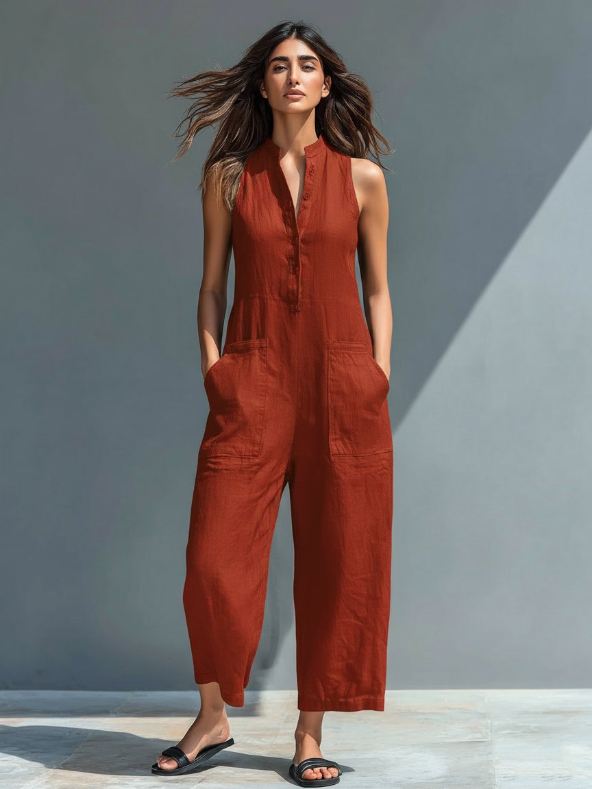 Woman in a rust-colored linen blend sleeveless button-up wide-leg jumpsuit with front pockets.