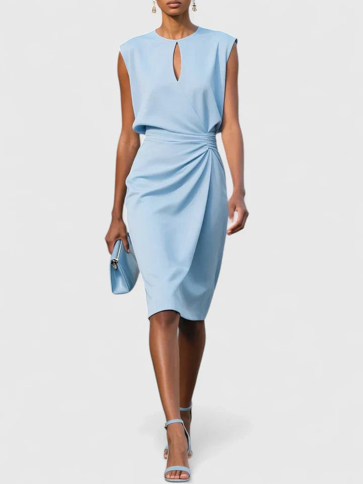 Light blue sleeveless keyhole sheath dress with draped waist.