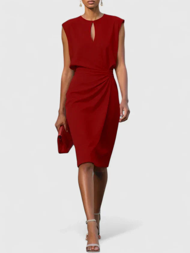 Red sleeveless keyhole sheath dress with draped waist, perfect for women.