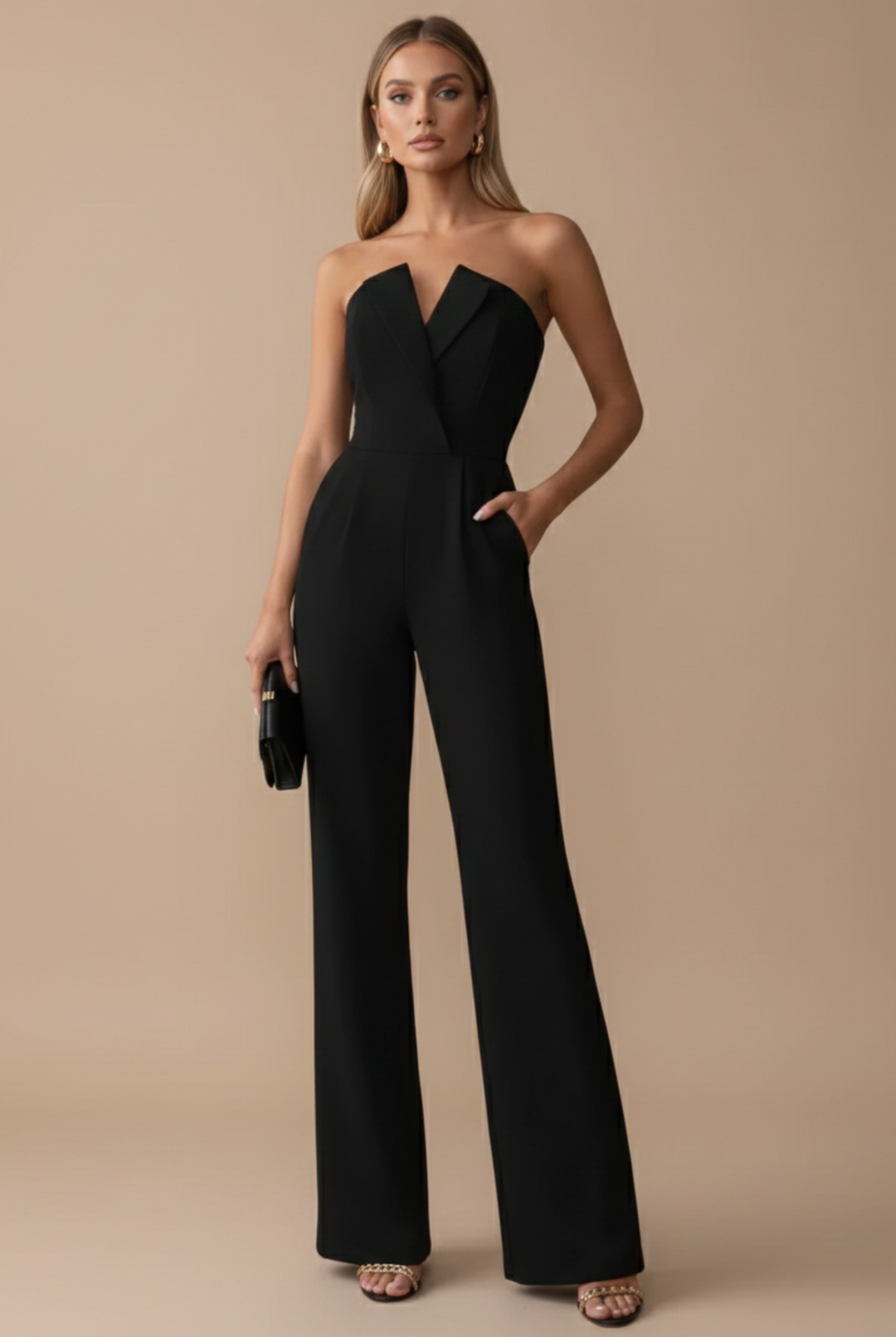 Woman in a black strapless wide-leg jumpsuit with a tailored bodice and side pockets, holding a clutch.