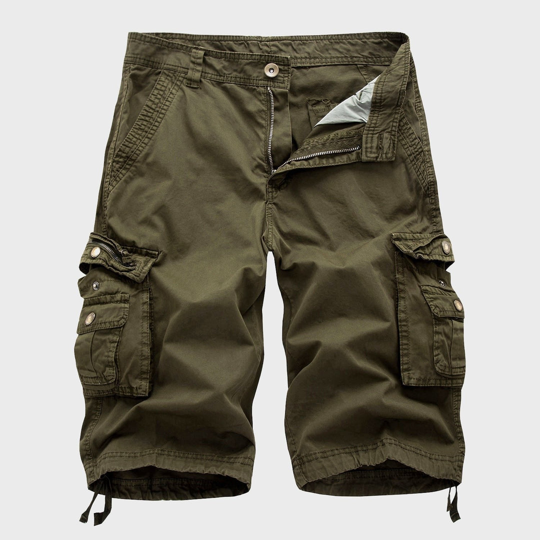 Men's Cole knee-length olive green cargo shorts with multi-pocket design, drawstring hems, and zip fly.