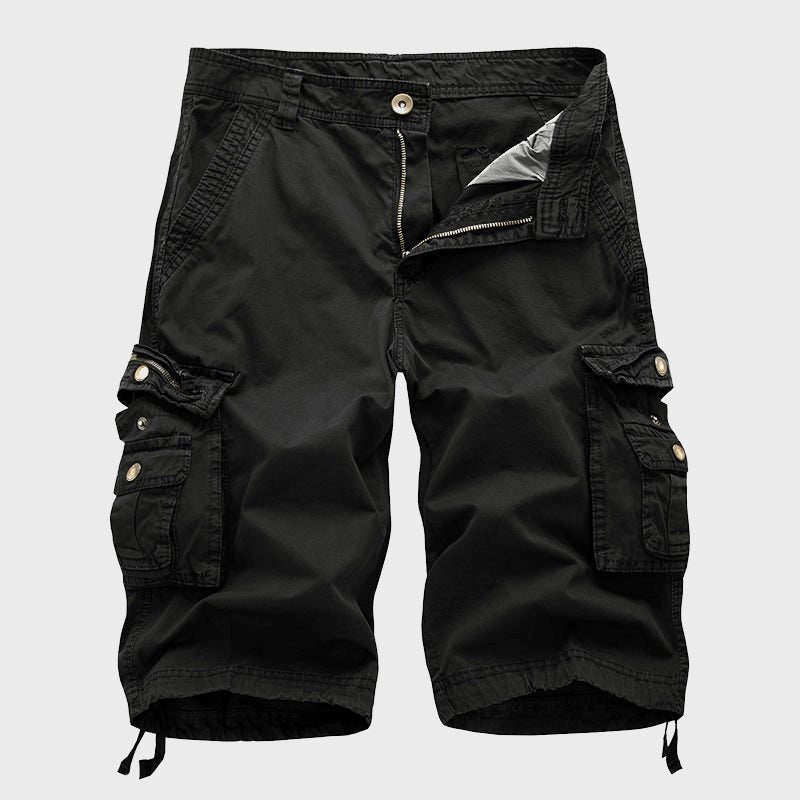 Men's black knee-length Cole cargo shorts with multi-pocket design, zip fly, and adjustable drawstring hems.