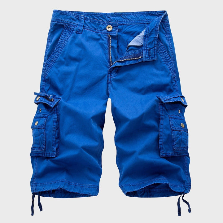 Men's Cole royal blue knee-length drawstring cargo shorts with multi-pocket design and zip fly.