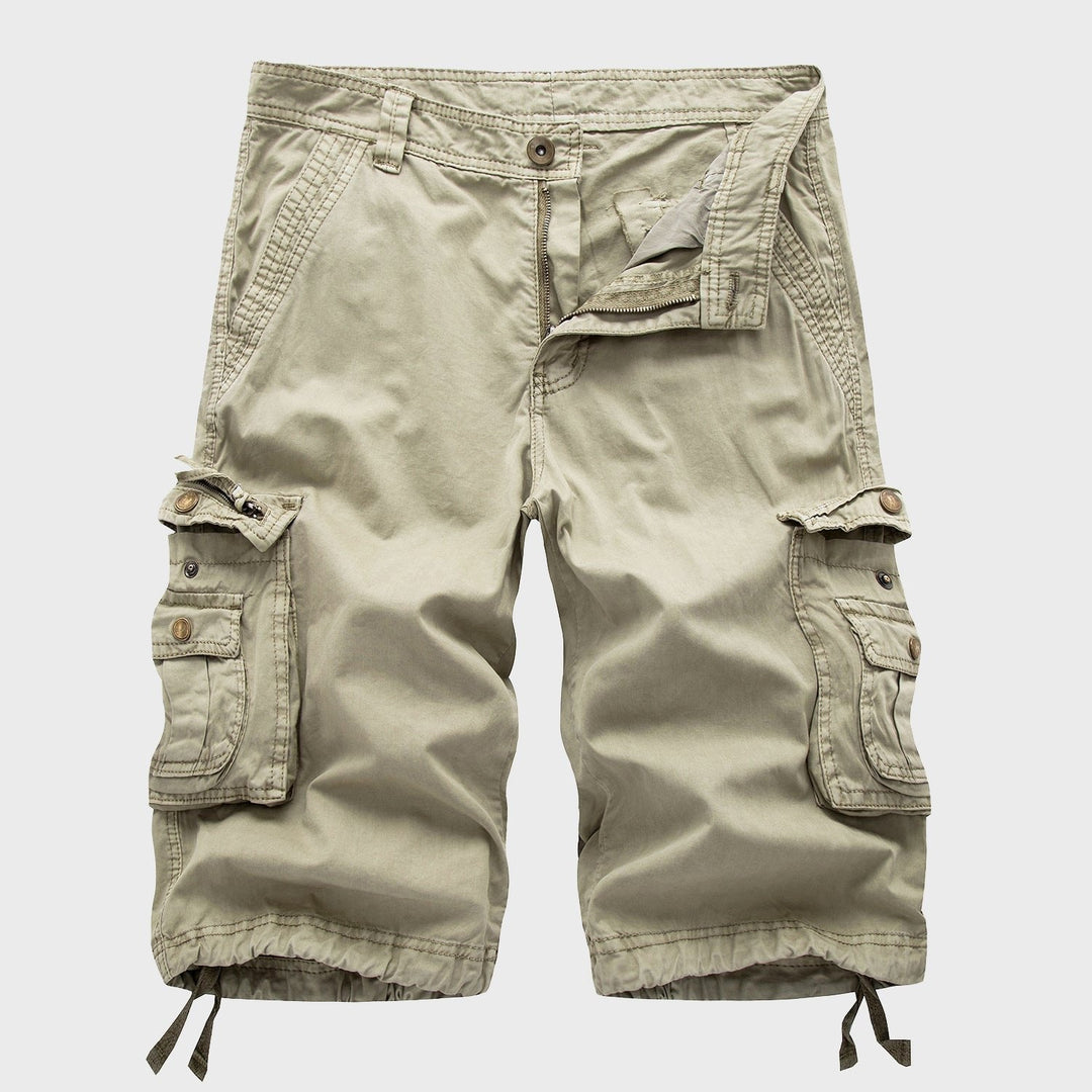 Men's Cole knee-length drawstring cargo shorts in a versatile khaki, featuring multi-pockets and adjustable hems.