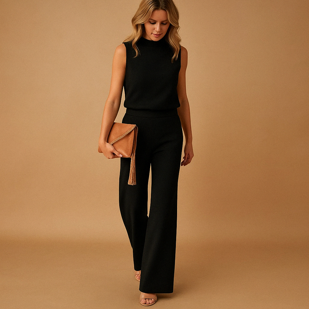 Woman in a black sleeveless top and wide-leg pants set, holding a brown clutch.