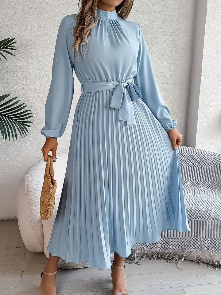 Amelia | Women's Long Sleeve Pleated Midi Dress with Belted Waist