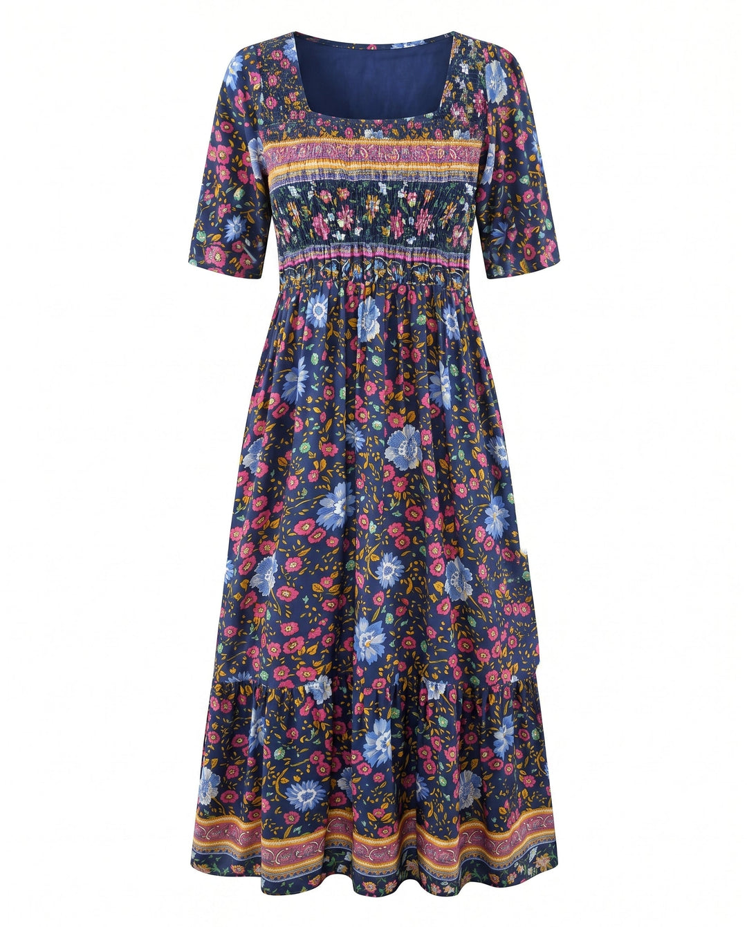 Women's square neck navy boho midi dress with pink and blue floral print, shirred bodice, and tiered skirt.