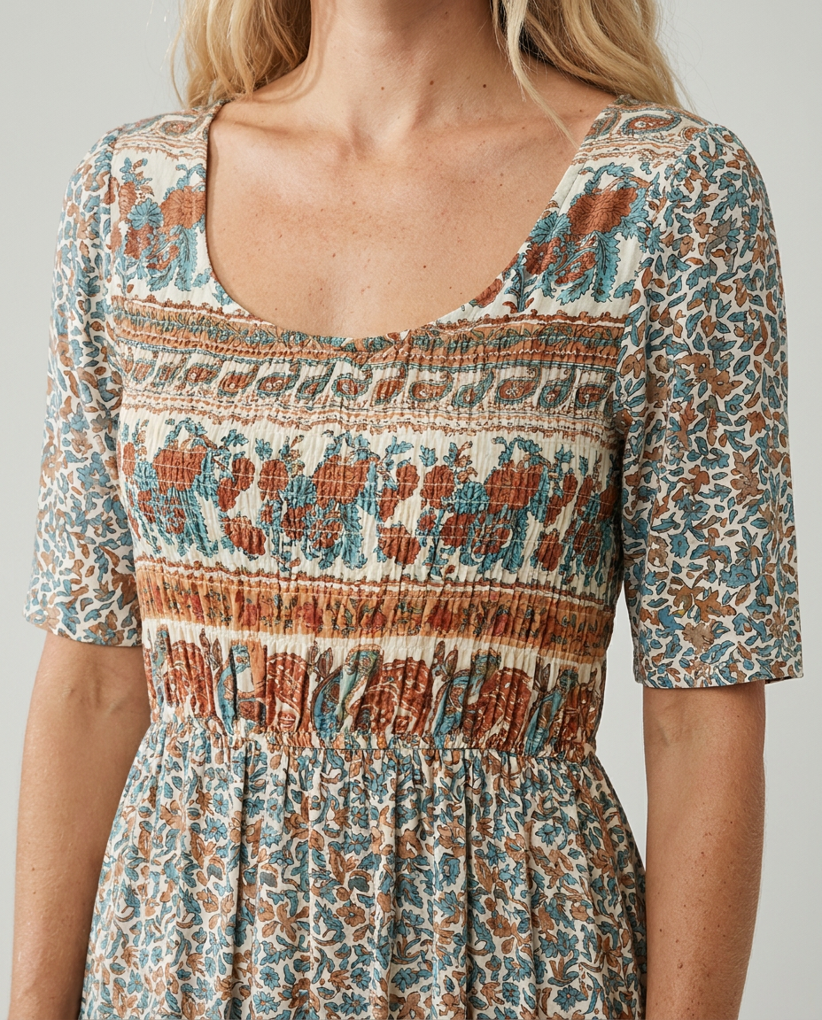 Dahlia women's square neck boho printed midi dress with shirred bodice and tiered skirt.