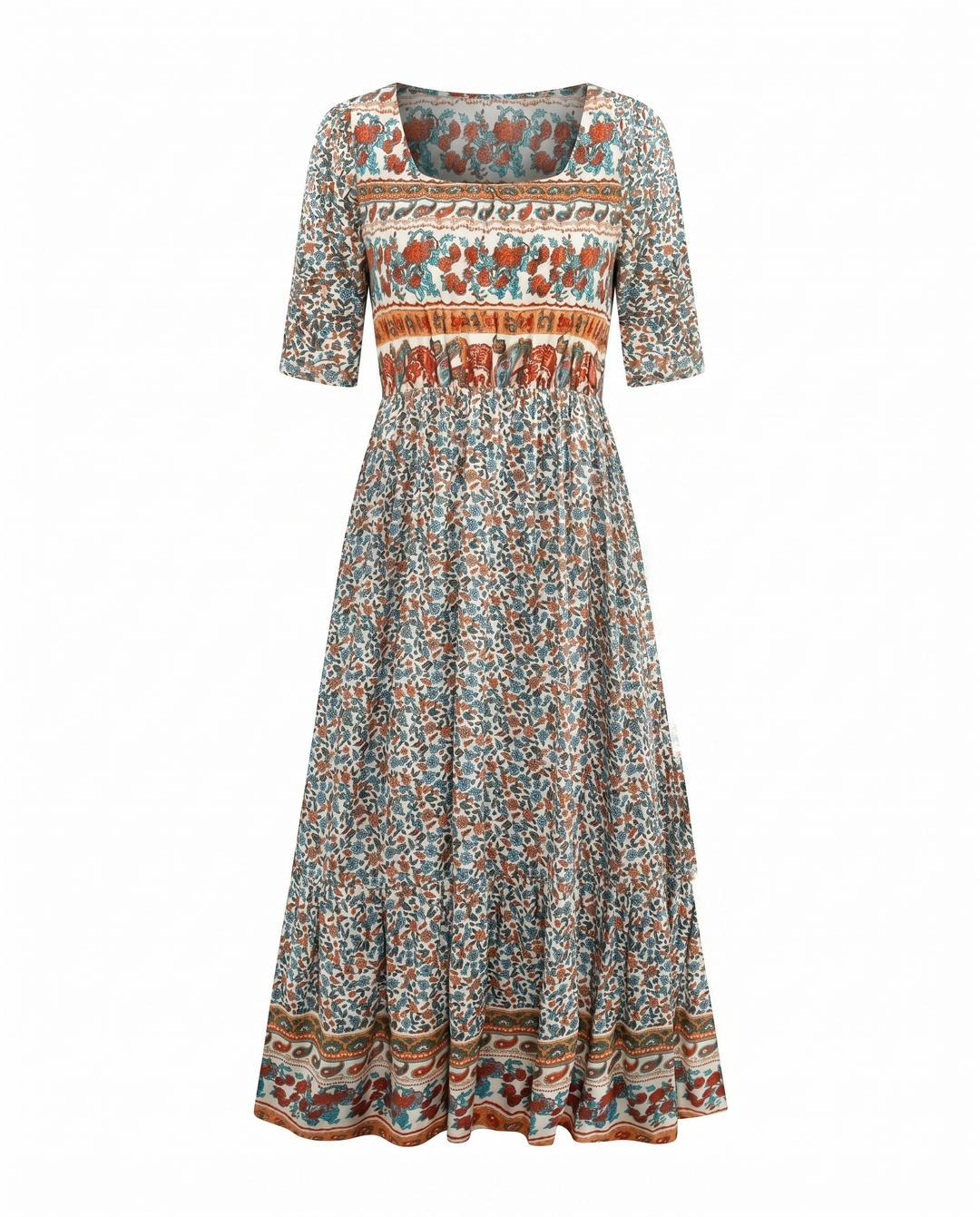 Boho printed midi dress with square neck, shirred bodice, tiered skirt, and short sleeves.