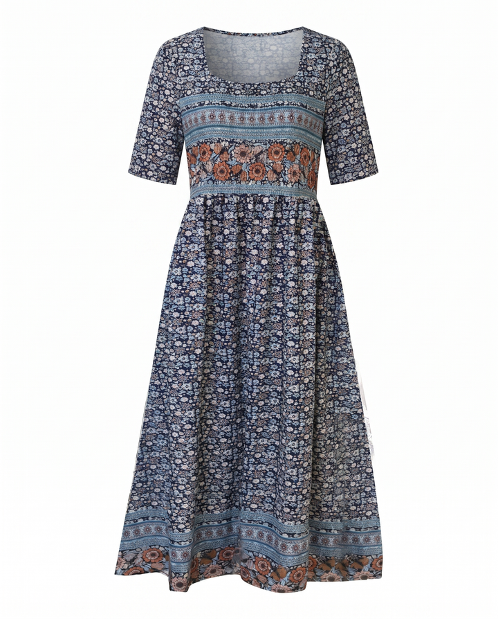 Dahlia women's square neck boho printed midi dress with shirred bodice and tiered skirt.