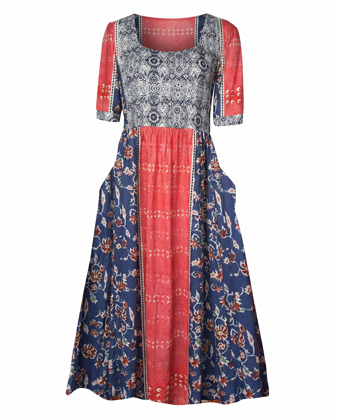 Dahlia women's square neck boho midi dress with blue, red, and white floral and geometric print, shirred bodice, and tiered skirt.