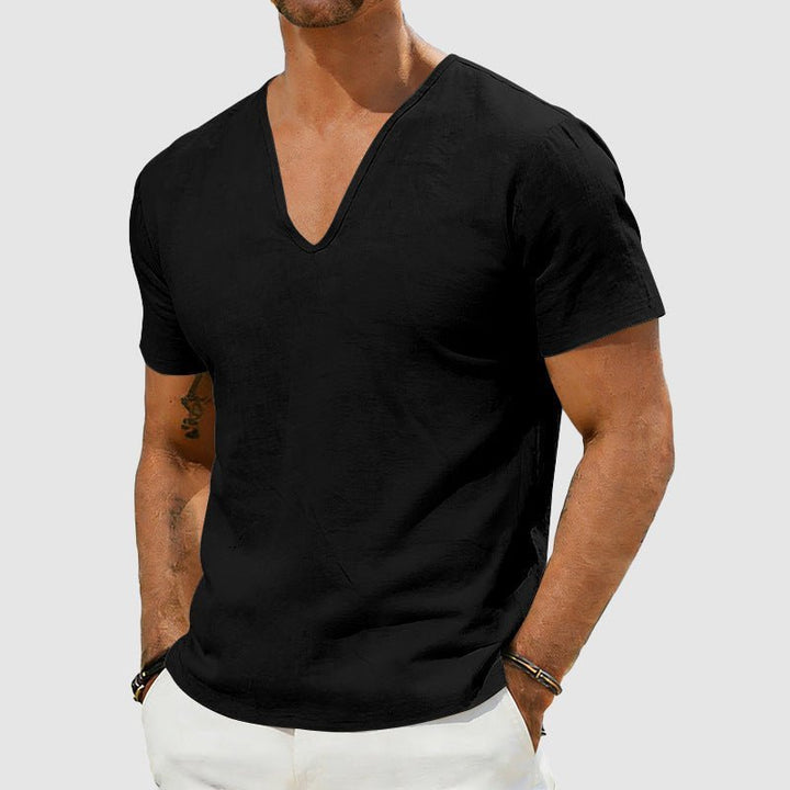 Men's Declan black short sleeve linen V-neck shirt, lightweight and breathable, styled casually.