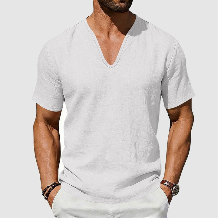Men's Declan white short sleeve linen V-neck shirt with a clean, casual shape.
