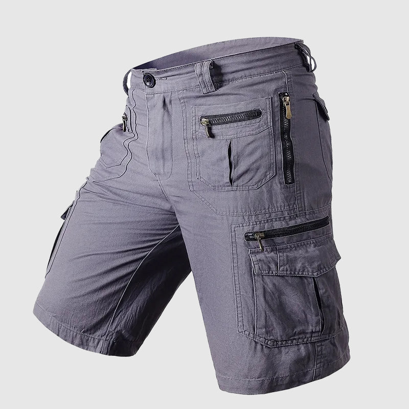 Dominic men's gray knee-length cargo shorts with multiple zipper and flap pockets.