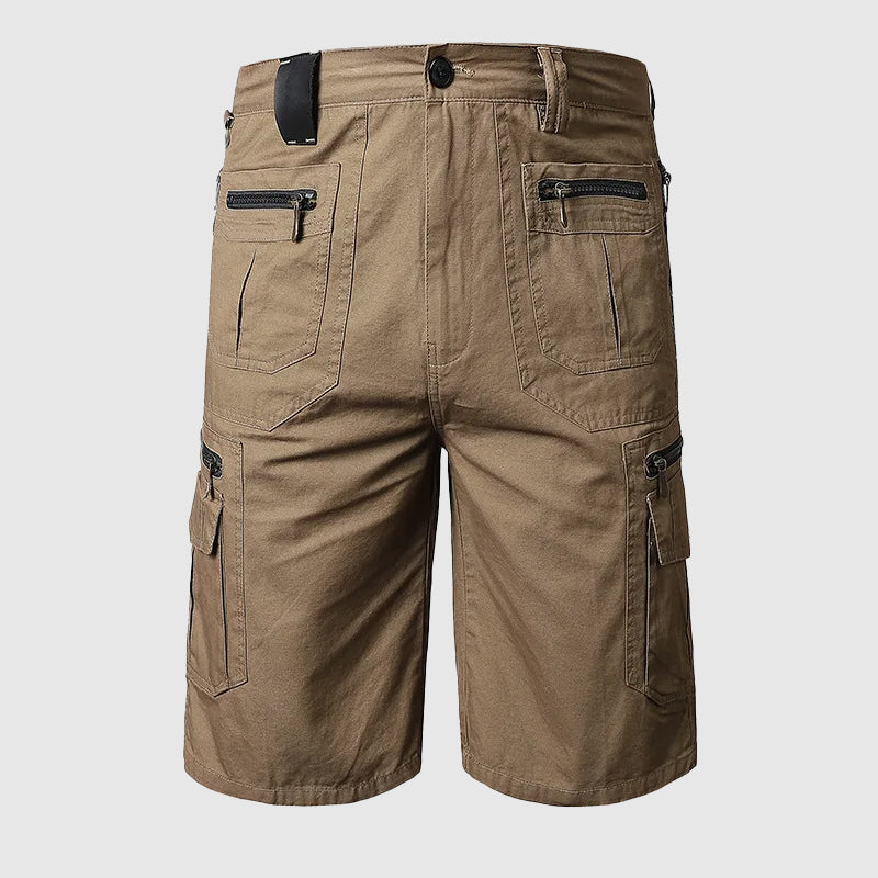 Men's Dominic brown cargo shorts with multiple zipper pockets and knee-length cut.
