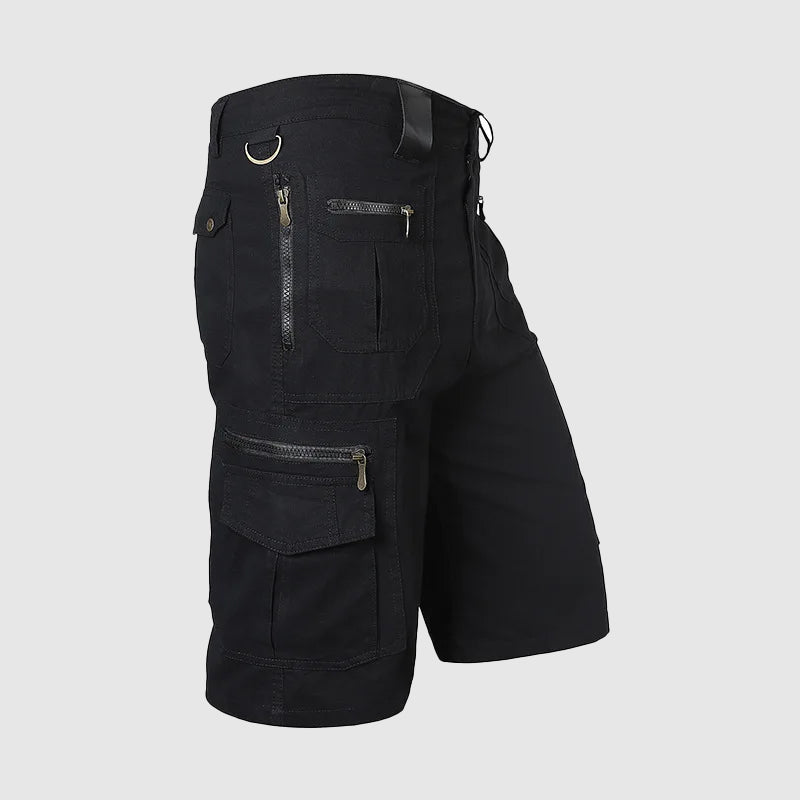 Men's black Dominic zipper cargo shorts with multiple utility pockets and knee-length cut.