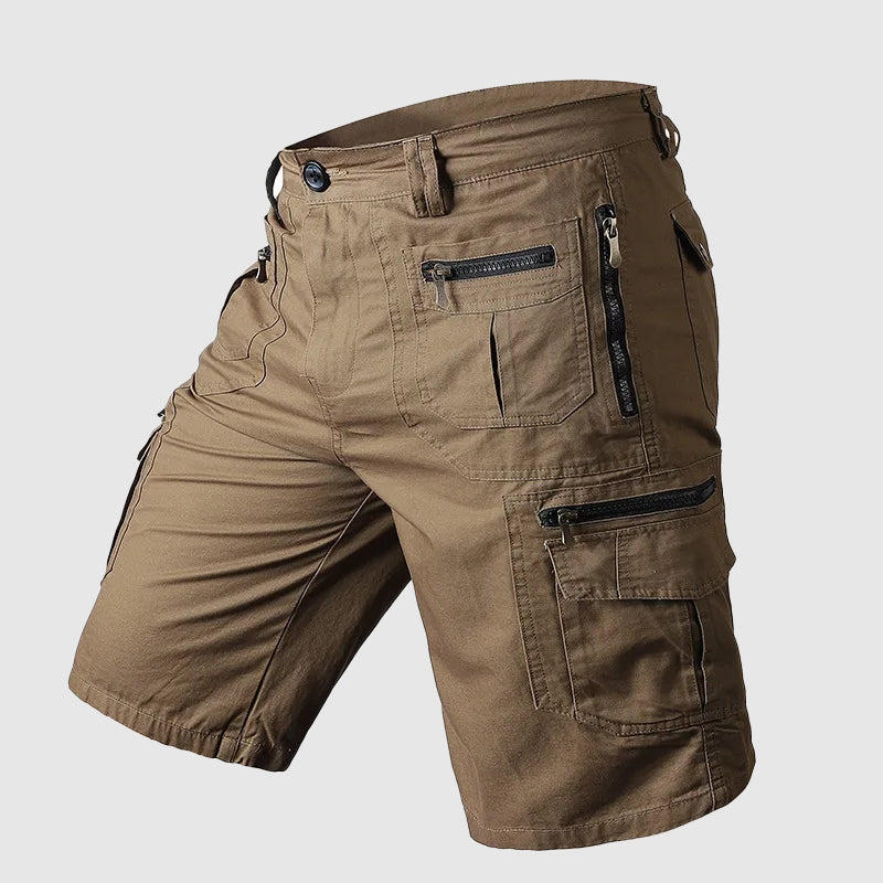 Dominic men's brown zipper cargo shorts with multiple utility pockets and knee-length cut.