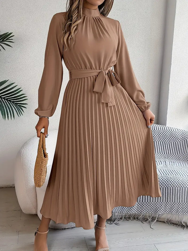 Amelia | Women's Long Sleeve Pleated Midi Dress with Belted Waist