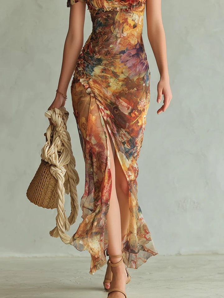 Women's Edelyn ruffle sweetheart chiffon boho maxi dress in a colorful floral print, with a high slit.