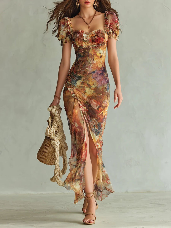 Women's Edelyn floral chiffon boho maxi dress with sweetheart neckline, ruffles, and thigh slit.