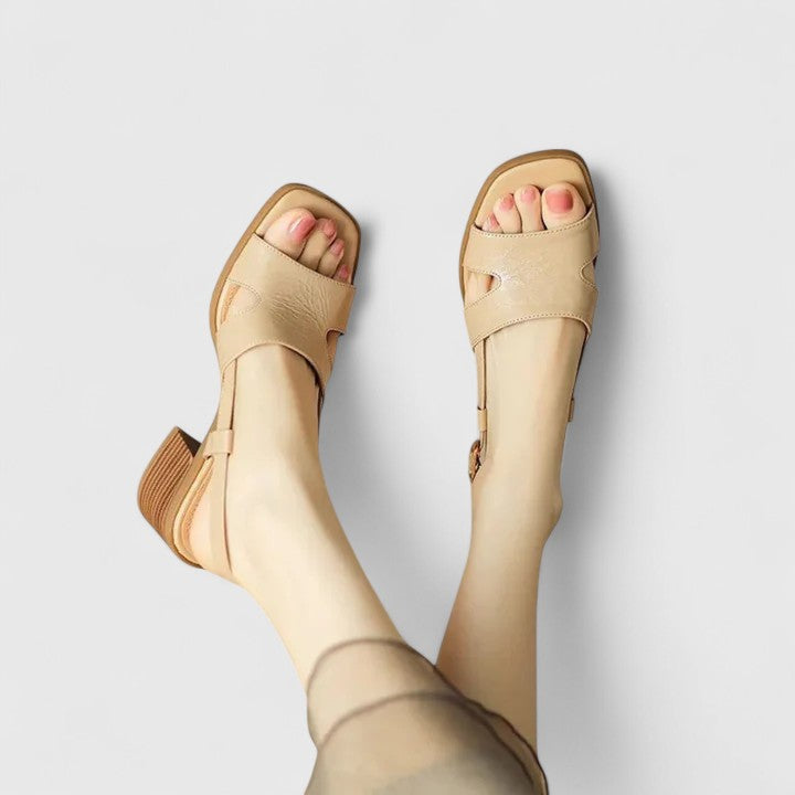 Apricot open-toe block heel sandals with back strap, perfect for women.