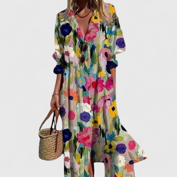 Women's multicolored floral maxi shirt dress with button front.