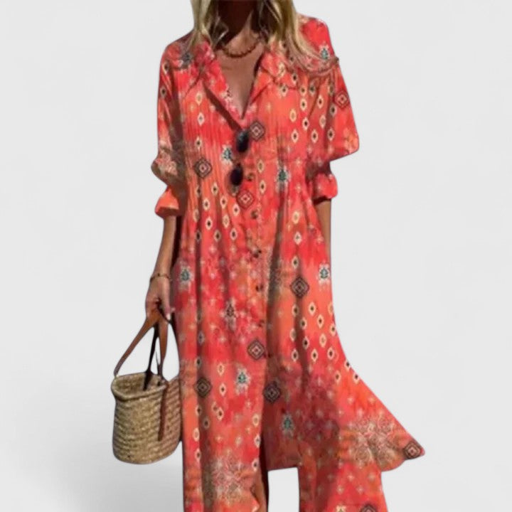 Rouge floral button-front maxi shirt dress for women, featuring a collared neckline and long sleeves.