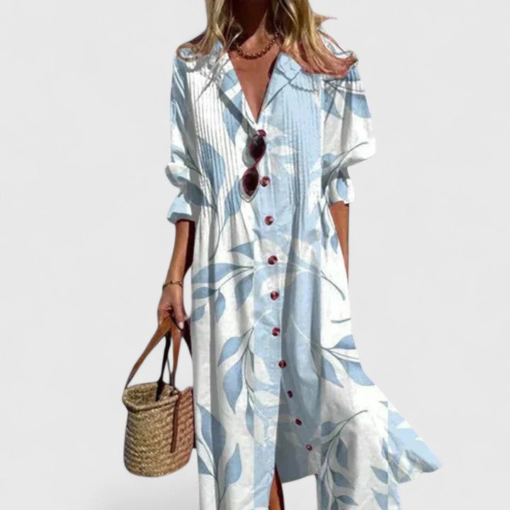 Skyblue floral button-front maxi shirt dress for women, featuring a collared neckline and long sleeves.