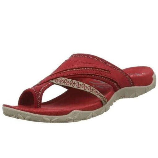 Red Emily women's orthopedic thong sandal with textured beige straps and a cushioned footbed.