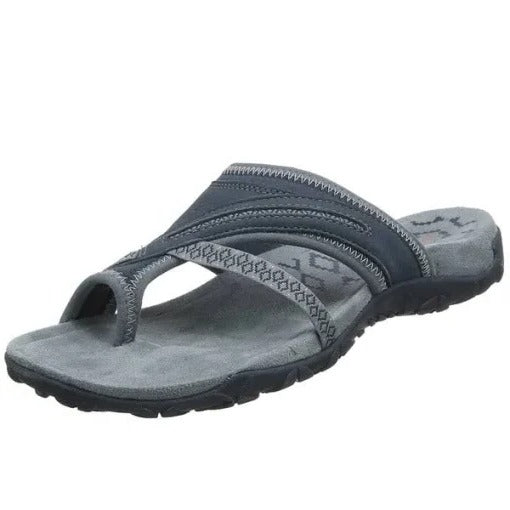 Emily women's orthopedic thong sandals in dark gray with textured straps and a cushioned footbed.