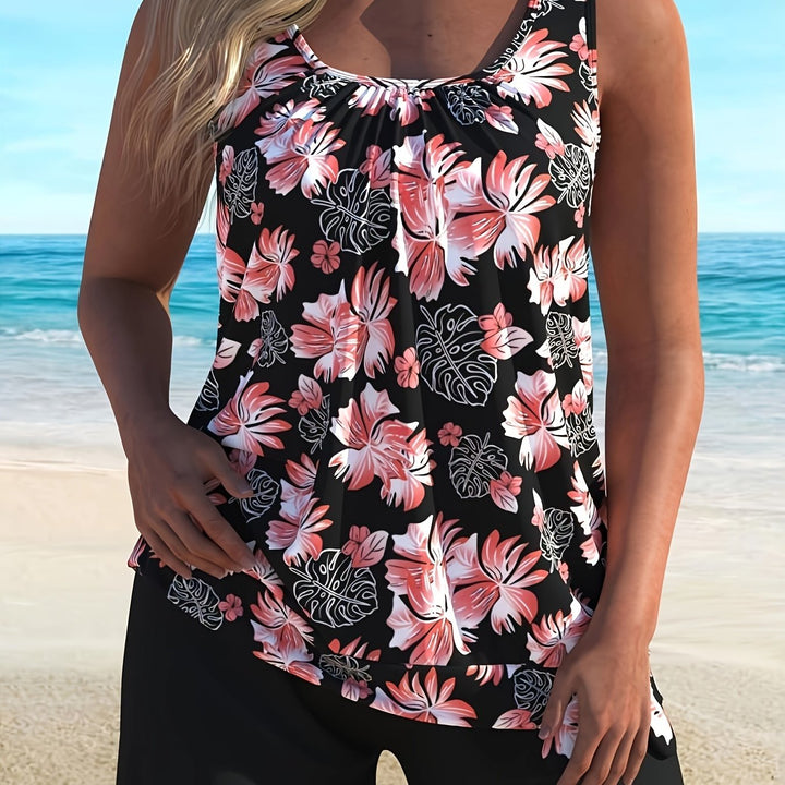 Black floral tankini with shorts, featuring a flattering fit and comfortable fabric.